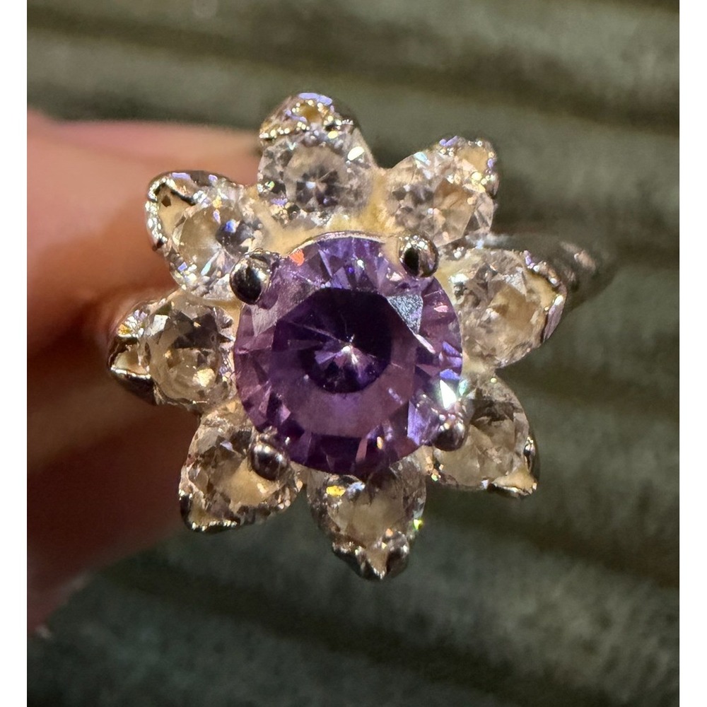 Sparkling Flower Ring Amethyst Saphire Sterling‎ Silver Statement Ring